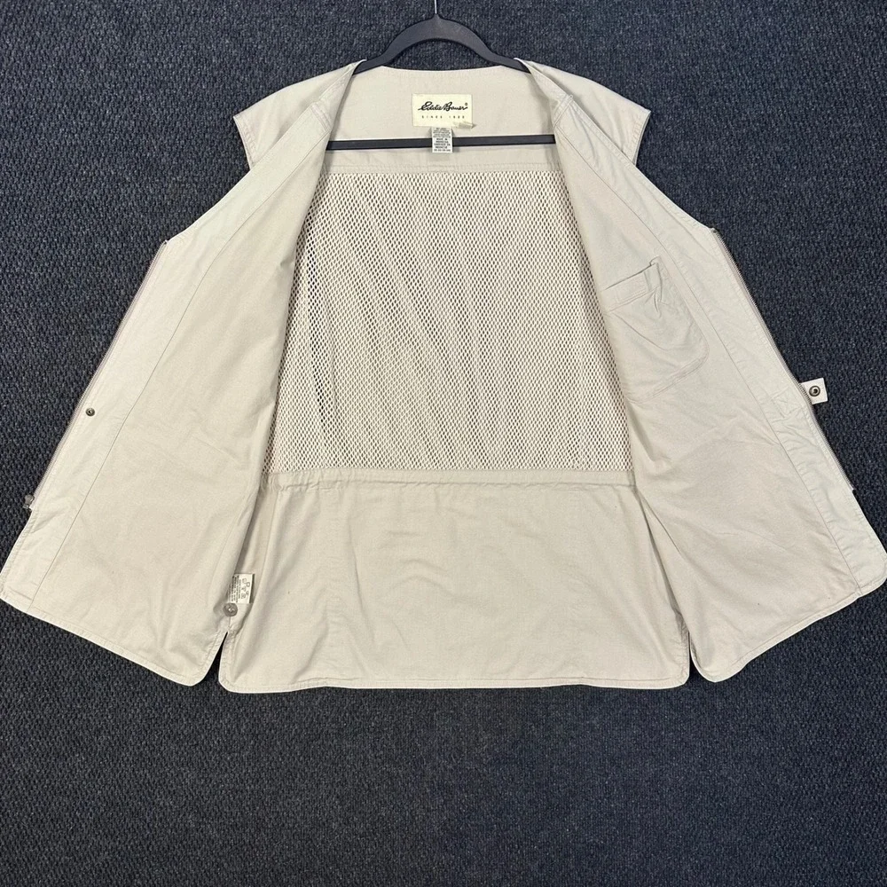 Vintage Eddie Bauer Utility Fishing Vest Mens L Beige Mesh Lined Safari Photo